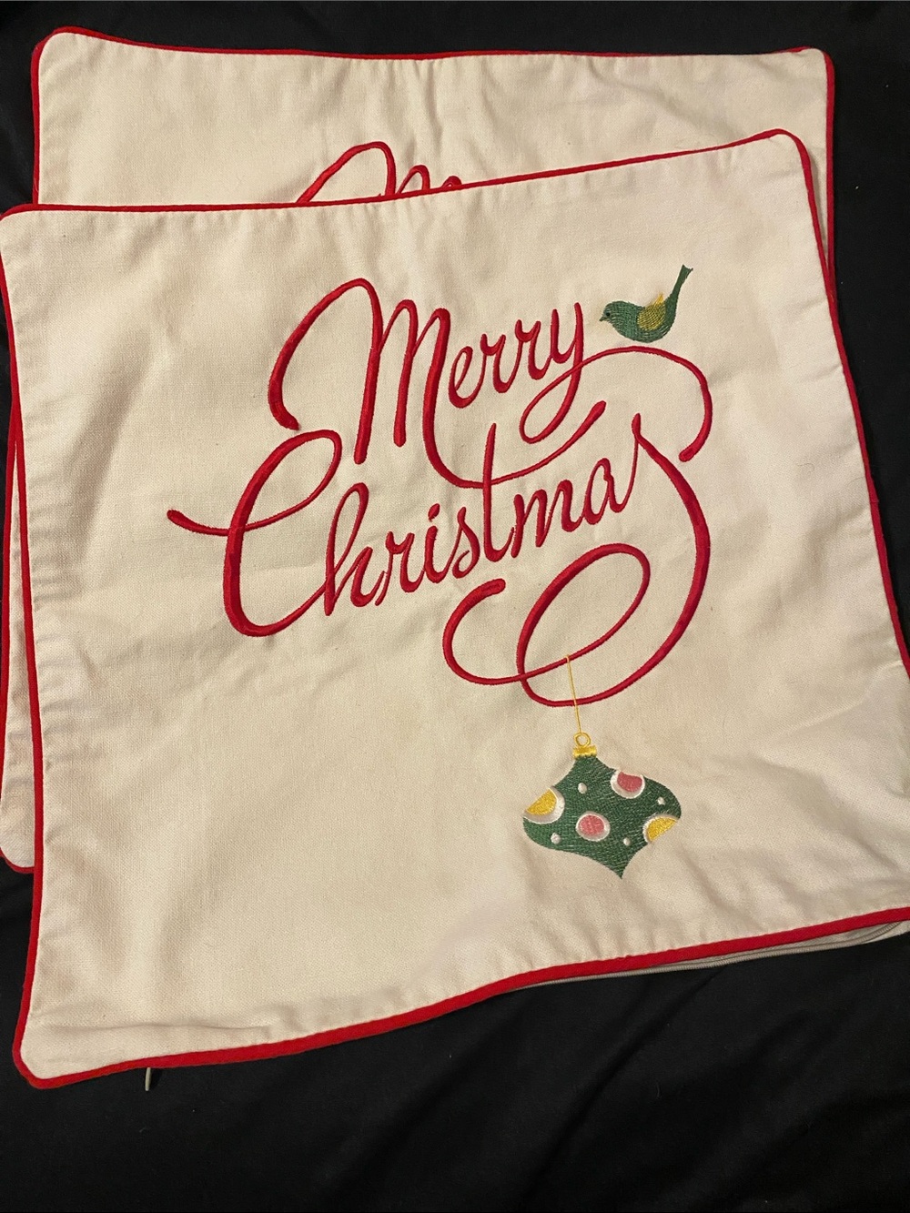2 Merry Christmas Embroidered Cotton Pillow Covers - possibly Vintage
